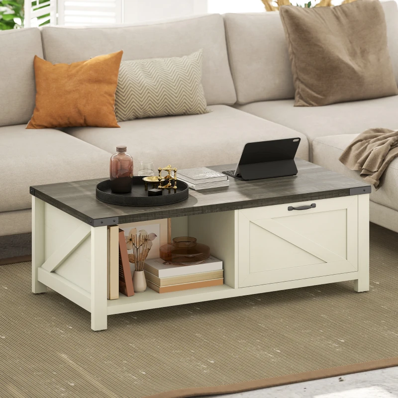 HOMCOM Farmhouse Coffee Table with Drawer, Open Storage Shelf for Living Room, Dining Room, Office, Distressed White