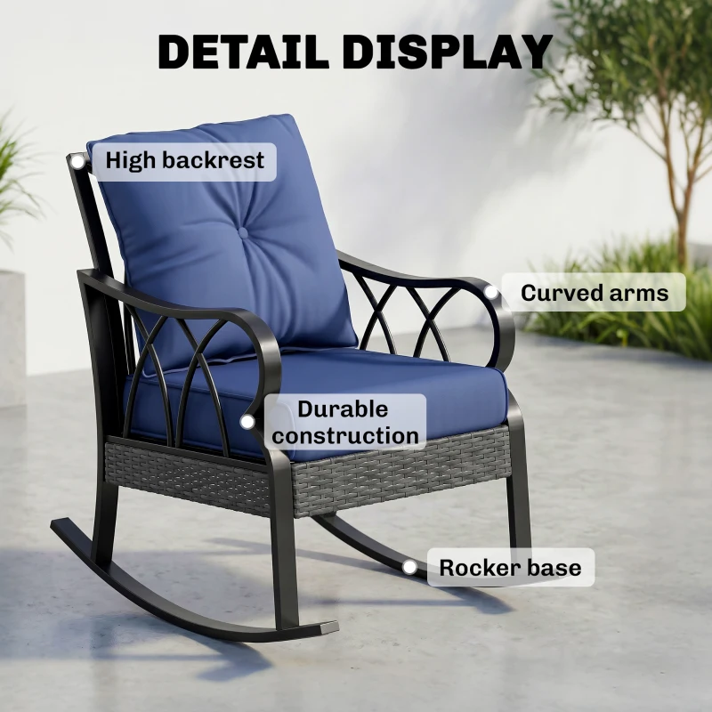 Outsunny Outdoor Wicker Rocking Chair with Padded Cushions, Aluminum Furniture, Rattan Porch Rocker Chair w/ Armrest, Navy Blue