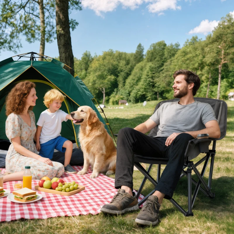 Outsunny Camping Chair for Adults, Portable Folding Camping Chair with Side Pockets, Cup Holders, Carry Bag, Black and Gray