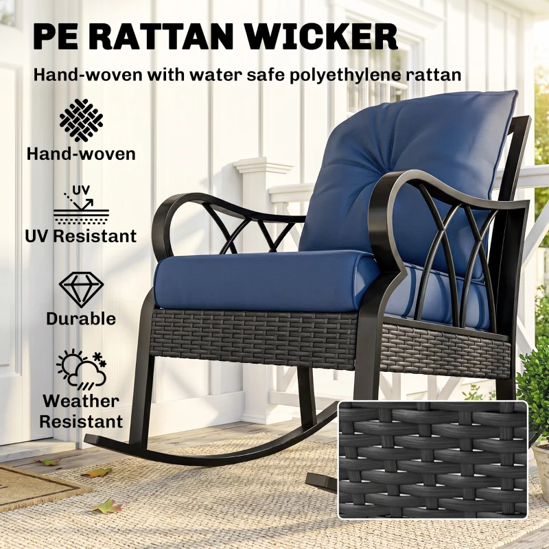 Outsunny Outdoor Wicker Rocking Chair with Padded Cushions, Aluminum Furniture, Rattan Porch Rocker Chair w/ Armrest, Navy Blue
