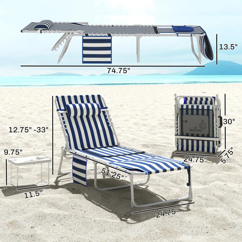 Outsunny Tanning Chair Set of 2 with Face Hole and Side Table, 5-Position Folding Outdoor Chaise Lounge Chair, Blue and White