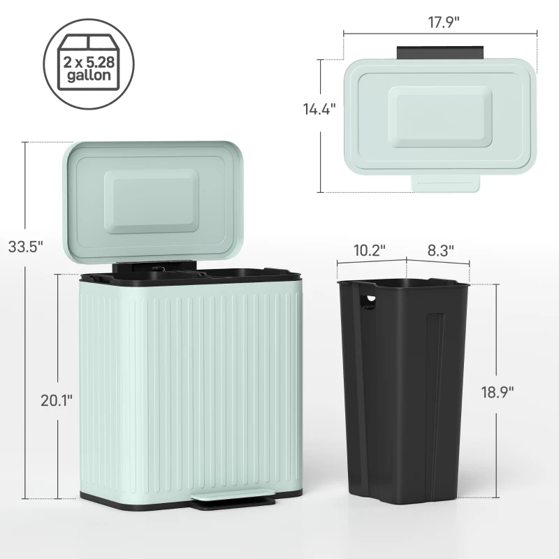 HOMCOM Trash Can with Lid, 2 x 5.3Gal Double Step-On Kitchen Trash Can with Rubbish Bags, Removable Buckets, Light Green