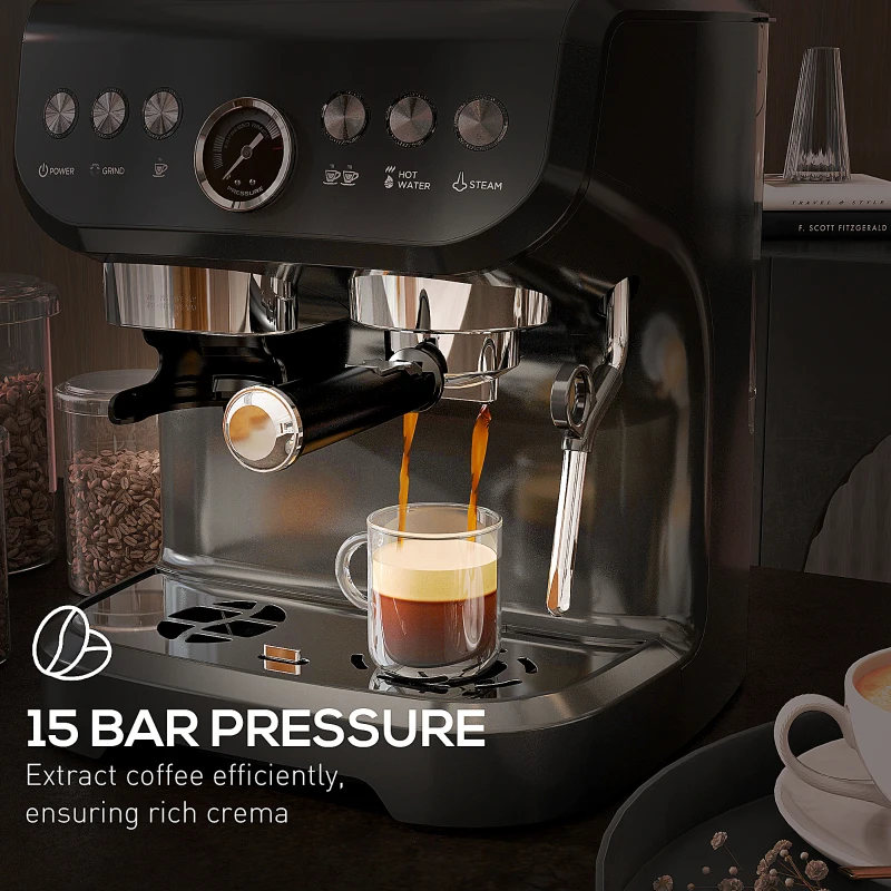 HOMCOM Espresso Machine, 15 Bar Barista Coffee Maker with Milk Frother, Fast Heating, Grinder for Espresso, Latte, Cappuccino