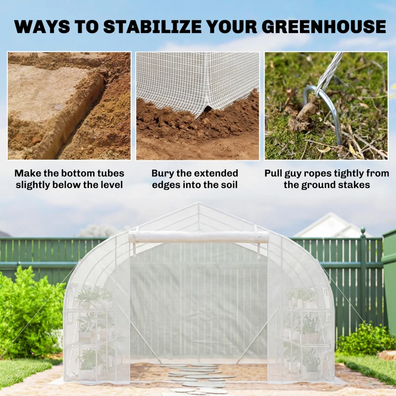 Outsunny 10'x11'x6' Walk-in Tunnel Greenhouse with Shelves, Mesh Door and Windows, Plant Hot House with PE Cover, White