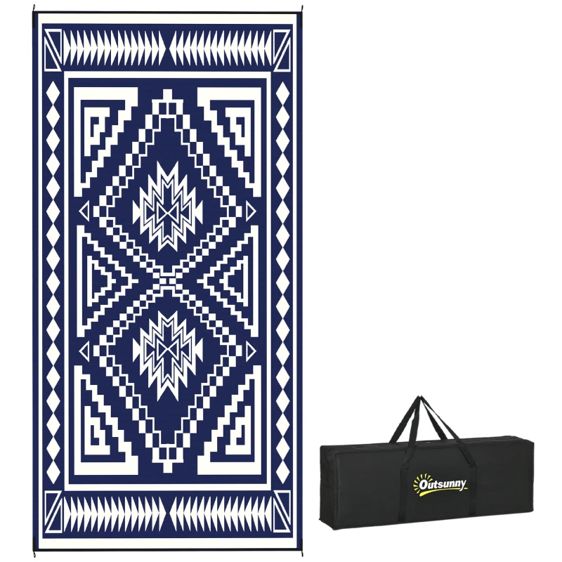 Outsunny Reversible Outdoor Rug, Waterproof Plastic Straw with Carry Bag, 9' x 18', Blue & White Square Patchwork