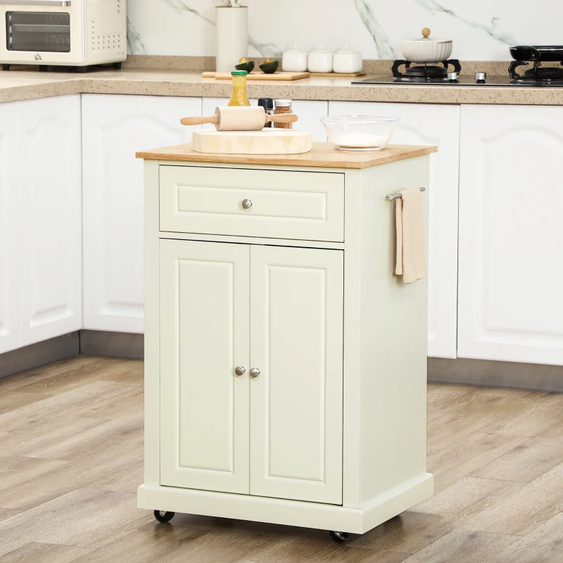 HOMCOM Rolling Kitchen Island Cart, Portable Serving Trolley Table with Drawer, Adjustable Shelf and 2 Towel Racks, Cream White