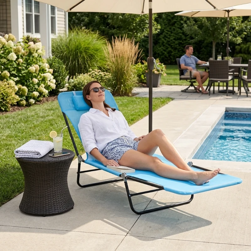 Outsunny Folding Chaise Lounge Chair, Pool Sun Tanning Chair, Outdoor Lounge Chair with Reclining Back, Breathable Mesh Seat, Headrest for Beach, Yard, Patio, Blue