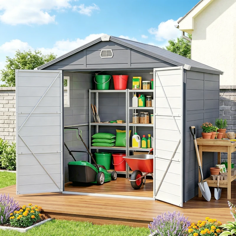 Outsunny 8' x 6' Plastic Garden Storage Shed with Latch Door, Vents, Sloped Roof, Dark Grey