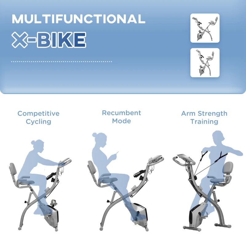 Soozier 3 in 1 Folding Exercise Bike, Foldable Stationary Bike with 8-Level Magnetic Resistance, Adjustable Seat, Grey