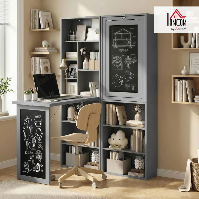 HOMCOM Fold-out Convertible Office Desk, Wall Mount Computer Desk with Blackboard and Side Shelf, Charcoal Gray