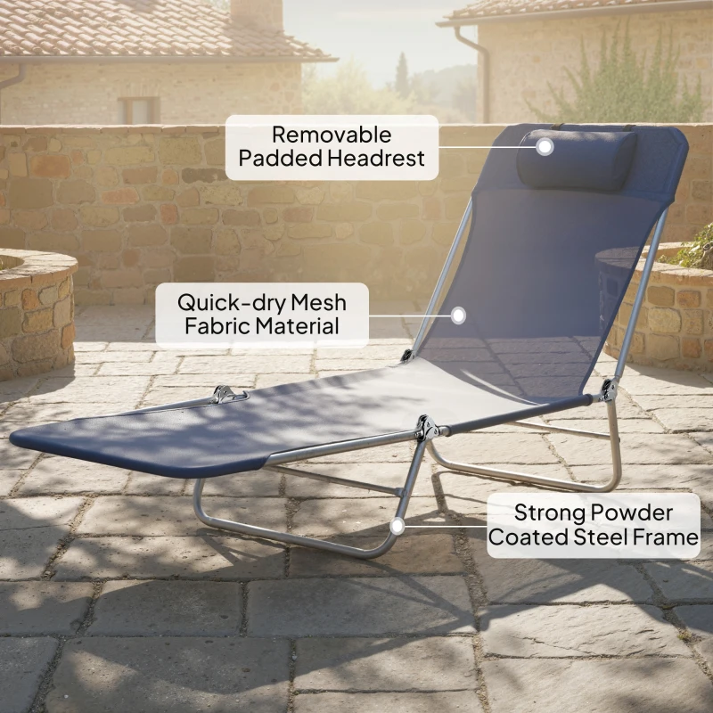 Outsunny Folding Chaise Lounge Chair, Pool Sun Tanning Chair, Outdoor Lounge Chair with Reclining Back, Breathable Mesh Seat, Headrest for Beach, Yard, Patio, Dark Blue