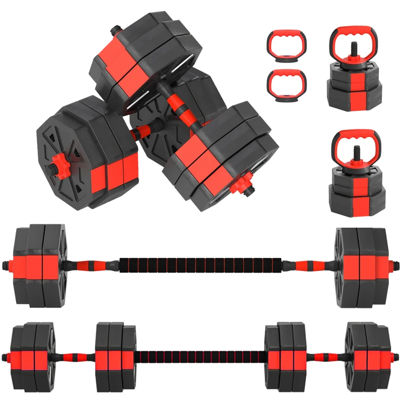 Soozier 6-in-1 Adjustable Dumbbell Set, Used as Kettlebell, Barbell, Dumbbell, Push-Up Stand, 66lbs Free Weights Set, Red
