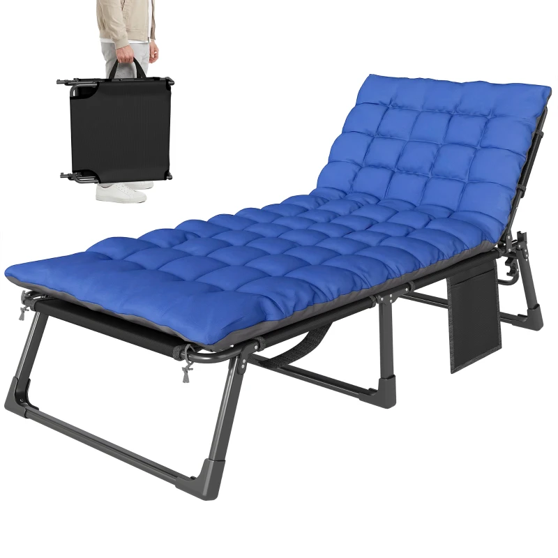 Outsunny 29.5" Wide Folding Chaise Lounge Chair Outdoor Tanning Chair, Camping Cot with Cushion, Side Pocket, Grey/Blue