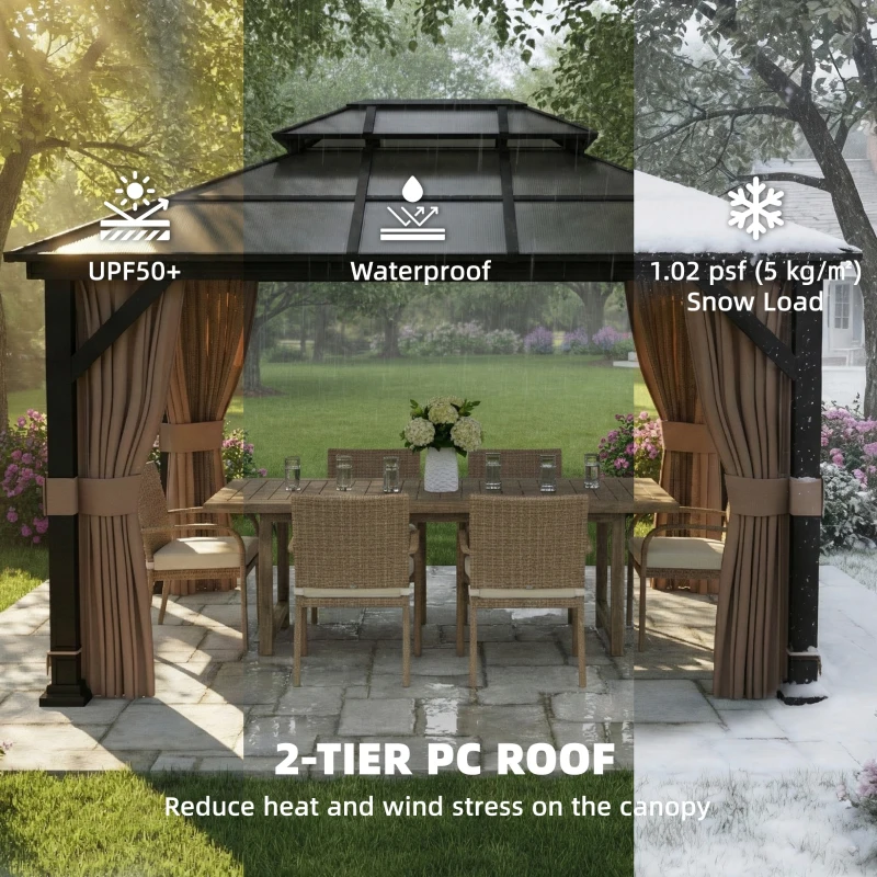 Outsunny 10' x 12' Hardtop Gazebo Canopy with Double PC Roof, Steel Permanent Outdoor Gazebo with Curtains and Netting, Khaki