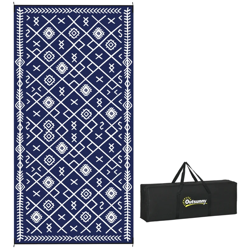 Outsunny Reversible Outdoor Rug, Waterproof Plastic Straw with Carry Bag, 9' x 18', Blue & White Rhombus