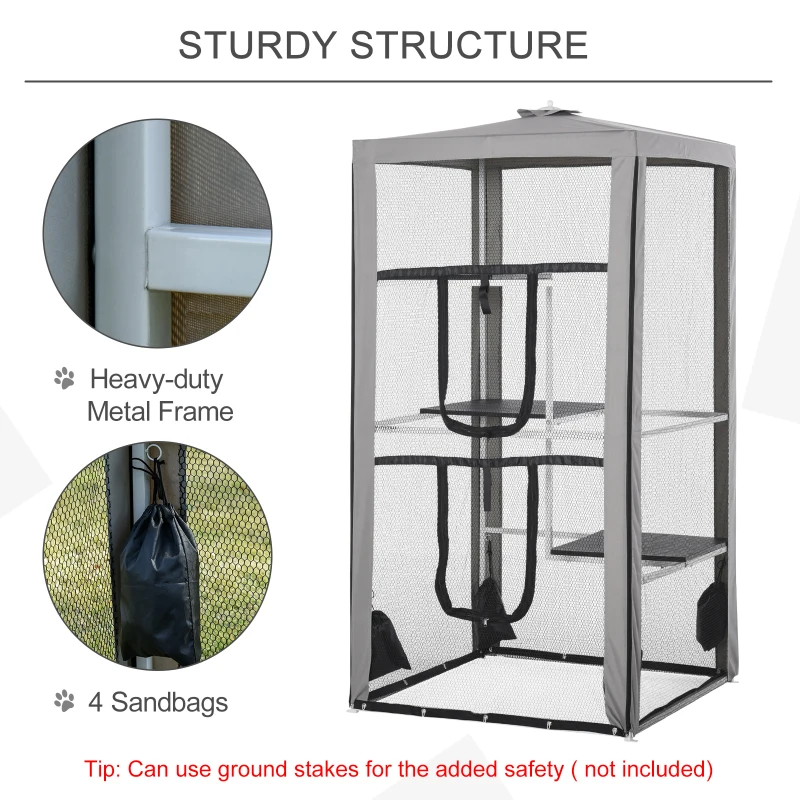 PawHut 79"H Catio Outdoor Cat Enclosure, Steel Frame Cat Cage with 3 Platforms, 2 Doors and 4 Sandbags for Stability