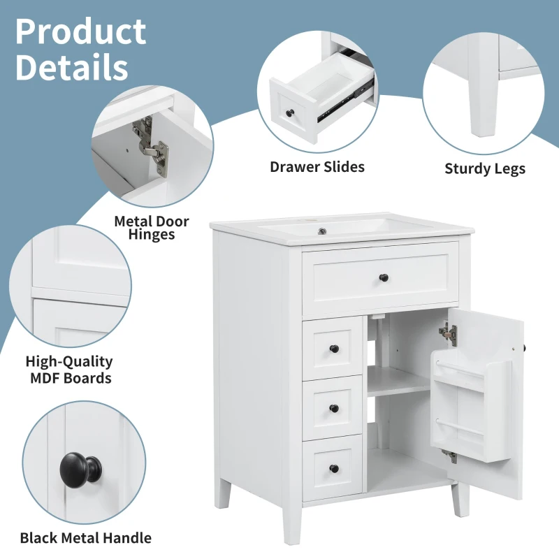 Double Bathroom Vanities with Tip-Out Top Drawer and 3 Pull-Out Drawers, Stylish Cabinets with Freestanding Design, 48" L x 18.5" W x 34" H, White