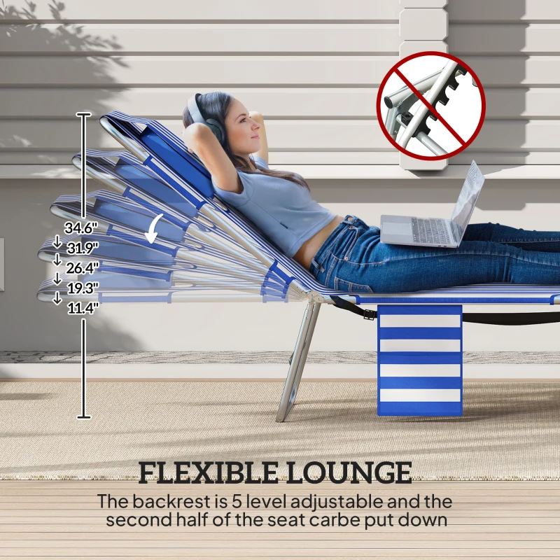 Outsunny 2 Tanning Chairs with Face Hole, 5-Level Adjustable Outdoor Chaise Lounge Chair with Pillow for Beach, Pool, Blue Stripe