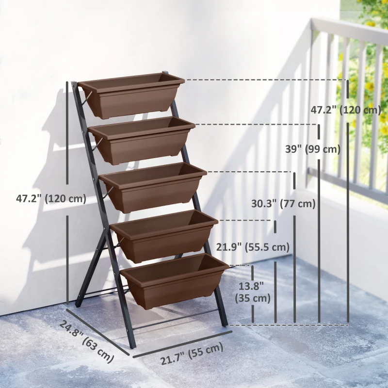 Outsunny 5-Tier Raised Garden Bed with 5 Planter Box, Outdoor Plant Stand Grow Containers with Leaking Holes, Brown
