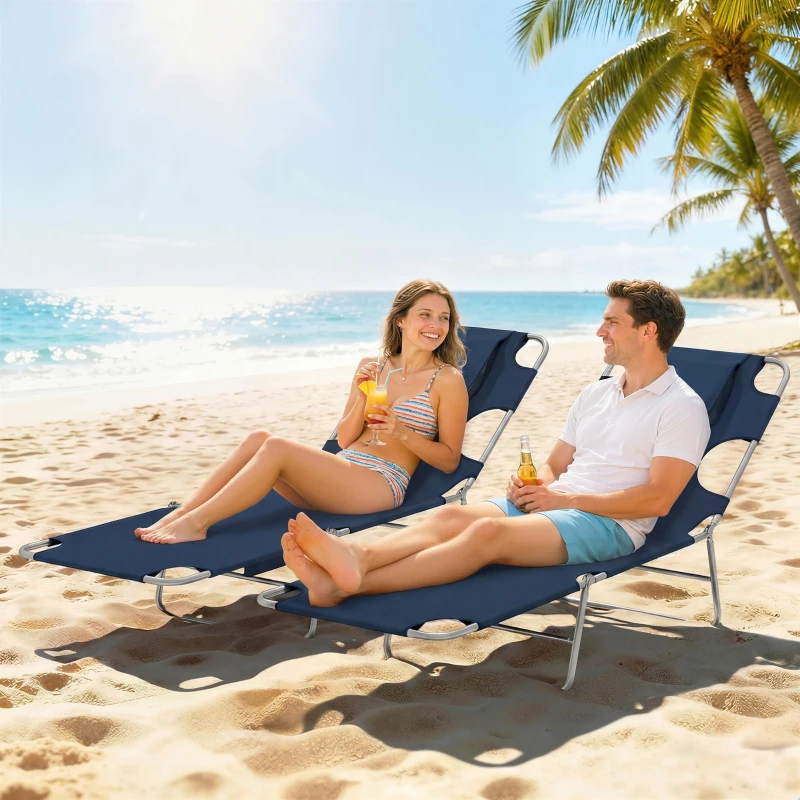 Outsunny 2 Tanning Chairs with Face Hole, 5-Level Adjustable Outdoor Chaise Lounge Chair with Pillow for Beach, Pool, Dark Blue