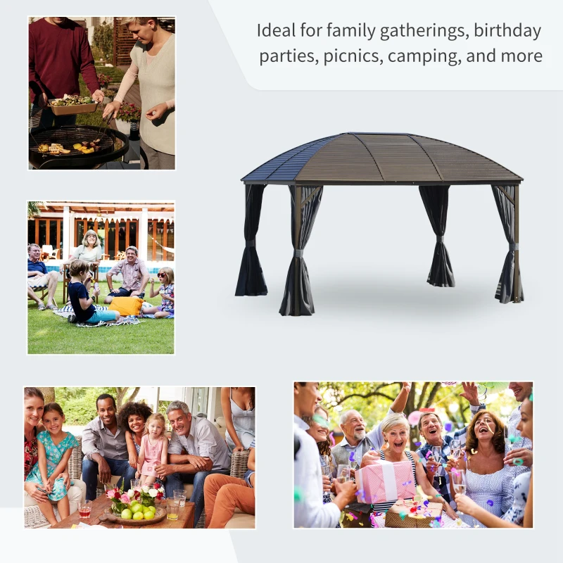 Outsunny 10' x 13' Hardtop Gazebo with Curtains, Netting, Pavilion with Steel Roof Ceiling Hook for Garden Patio, Gray