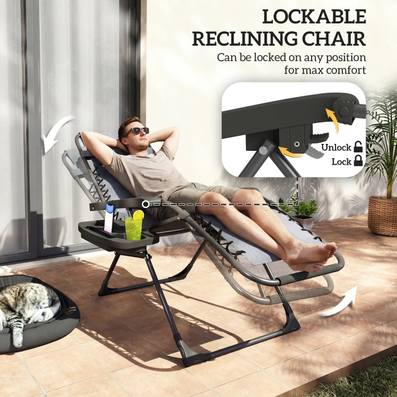 Outsunny Zero Gravity Chair Set of 2, Folding Reclining Outdoor Lounge Chair with Cup Holder, Headrest, Dark Grey