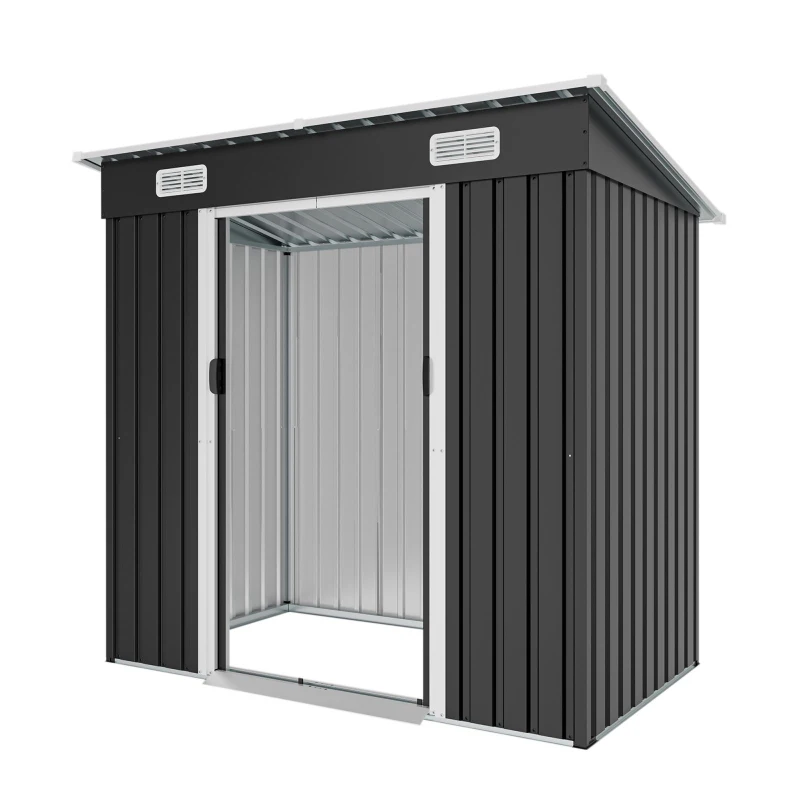 6x4ft Metal Shed with Ventilation Grilles and Sturdy Threshold, Galvanized Steel Outdoor Storage with Sliding Double Doors,77'' L x 48'' W x 71'' H, Black