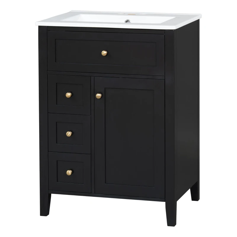 Sleek Bathroom Vanity with Tip-Out Top Drawer and 3 Pull-Out Drawers, Stylish Cabinet with Freestanding Design, 24" L x 18.5" W x 34" H, Black