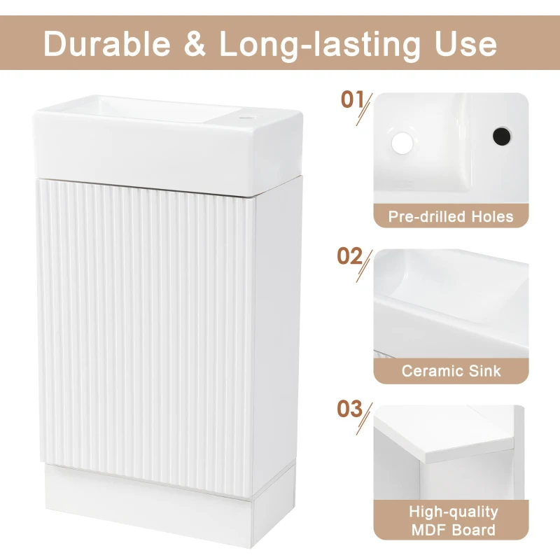 Practical Bathroom Vanity with 2-Tier Storage Shelves and Toilet Paper Holder, Compact Cabinet for Small Bathrooms, 18.5" L x 10.5" W x 33" H, White