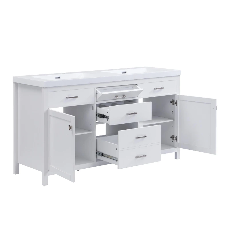 59-inch Double Sink Bathroom Vanity with Built-In Overflow, Transitional Bathroom Cabinet with Soft-Close Doors, 59'' L x 19.5'' W x 34'' H, White