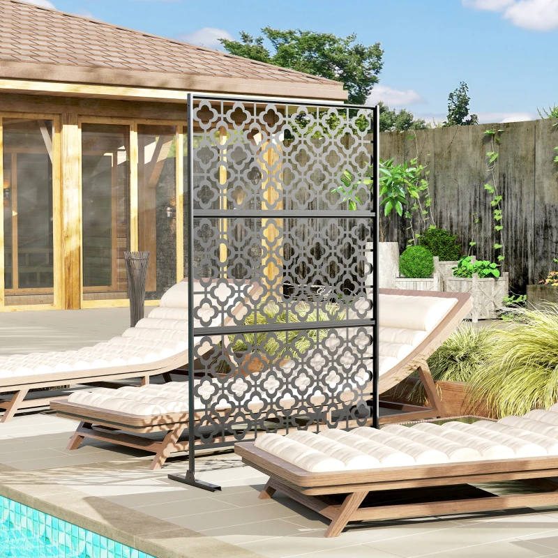 Outsunny Metal Outdoor Privacy Screen, Freestanding Outdoor Divider with Stand, 78" x 48", Black