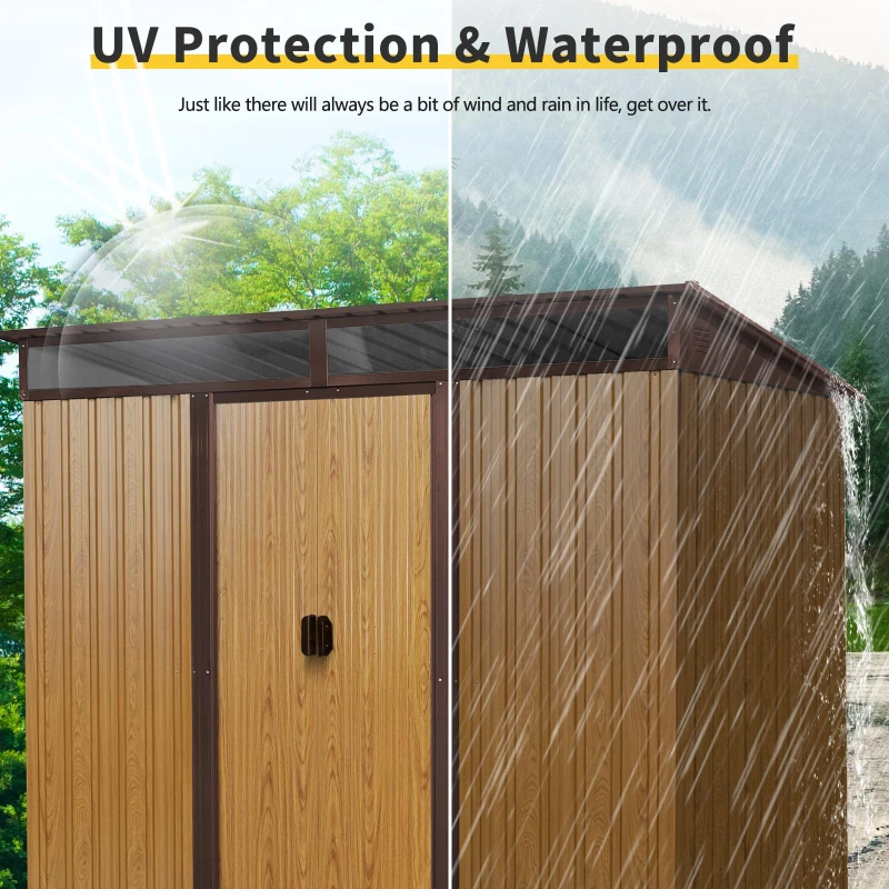 8ft x 6ft Outdoor Metal Storage Shed with Lockable Sliding Doors, Peaked Roof Metal House for Garden Tools, 93.5'' L x 68.5'' W x 77'' H, Coffee