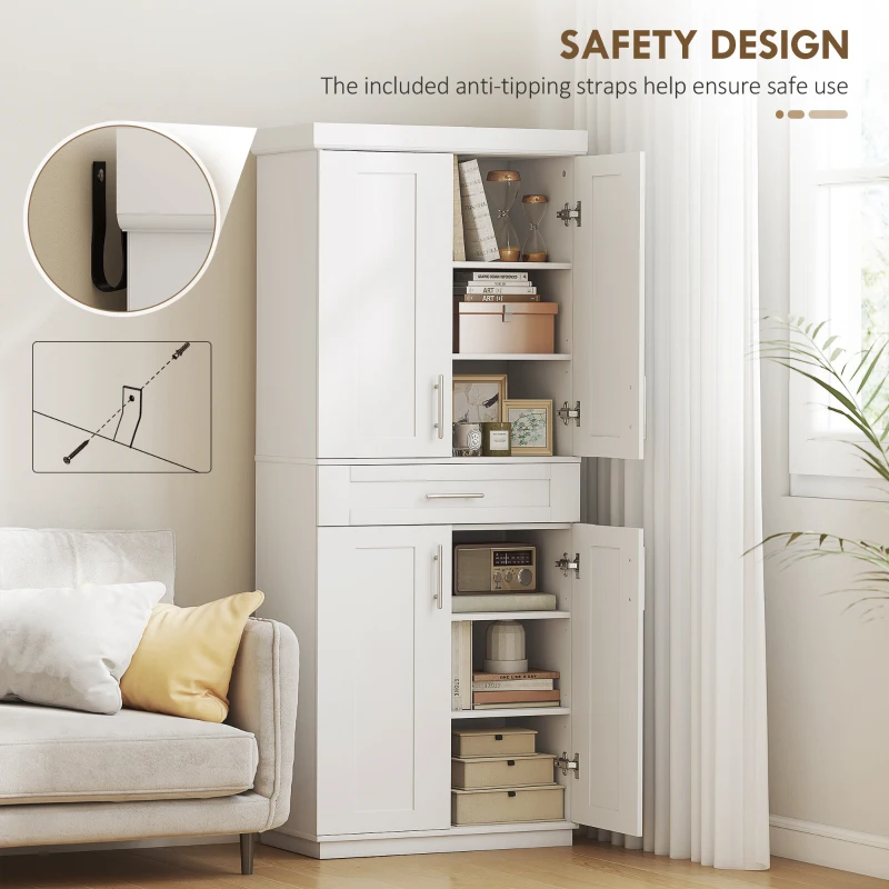 HOMCOM Modern Kitchen Pantry Freestanding Cabinet Cupboard with Doors and Drawer, Adjustable Shelving, White