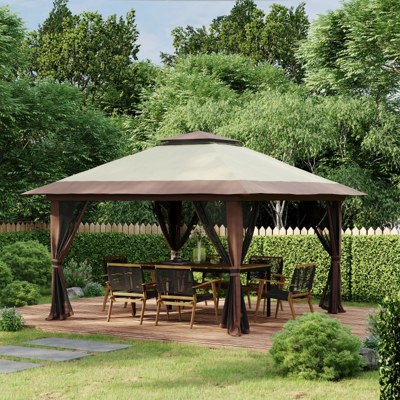 Outsunny 13' x 13' Pop Up Canopy, 2-Tier Roof Easy up Tent Shelter with Nettings Carry Bag Weight Bags for Garden, Patio, Beige