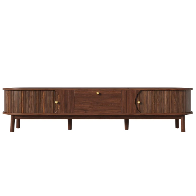 Sliding-Door TV Cabinet with Spacious Drawer and 2 Sliding Doors, Modern Wood TV Stand for Living Room, 67'' L x 15.5'' W x 15'' H, Walnut