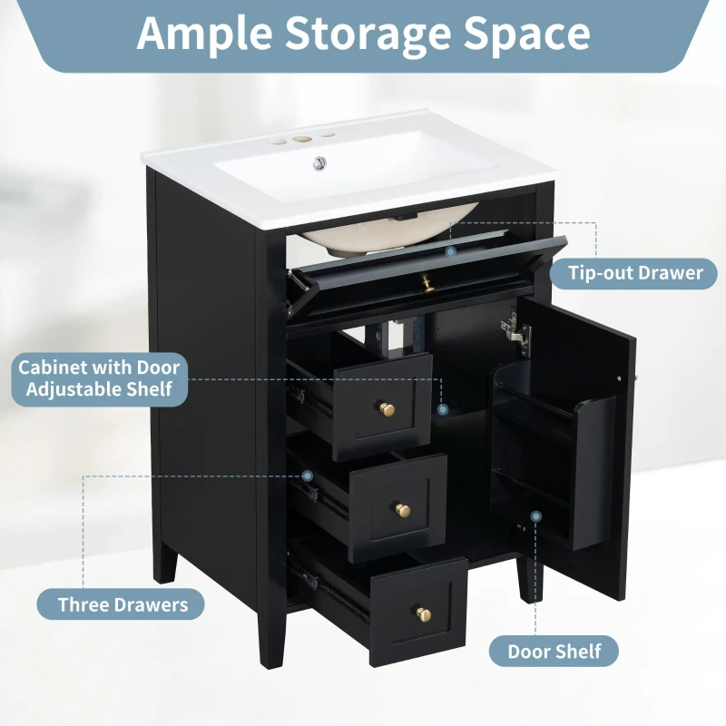 Sleek Bathroom Vanity with Tip-Out Top Drawer and 3 Pull-Out Drawers, Stylish Cabinet with Freestanding Design, 24" L x 18.5" W x 34" H, Black