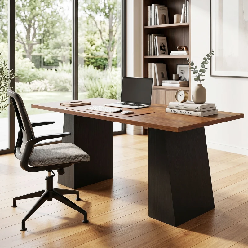 HOMCOM 63 Inch Computer Desk with Trapezoidal Frame Light Walnut and Black