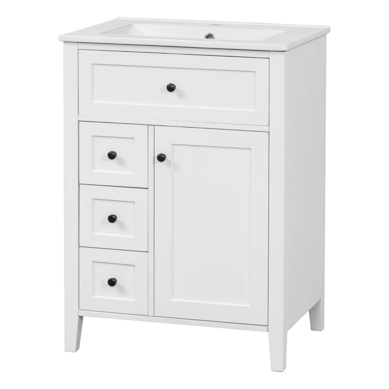 Sleek Bathroom Vanity with Tip-Out Top Drawer and 3 Pull-Out Drawers, Stylish Cabinet with Freestanding Design, 24" L x 18.5" W x 34" H, White