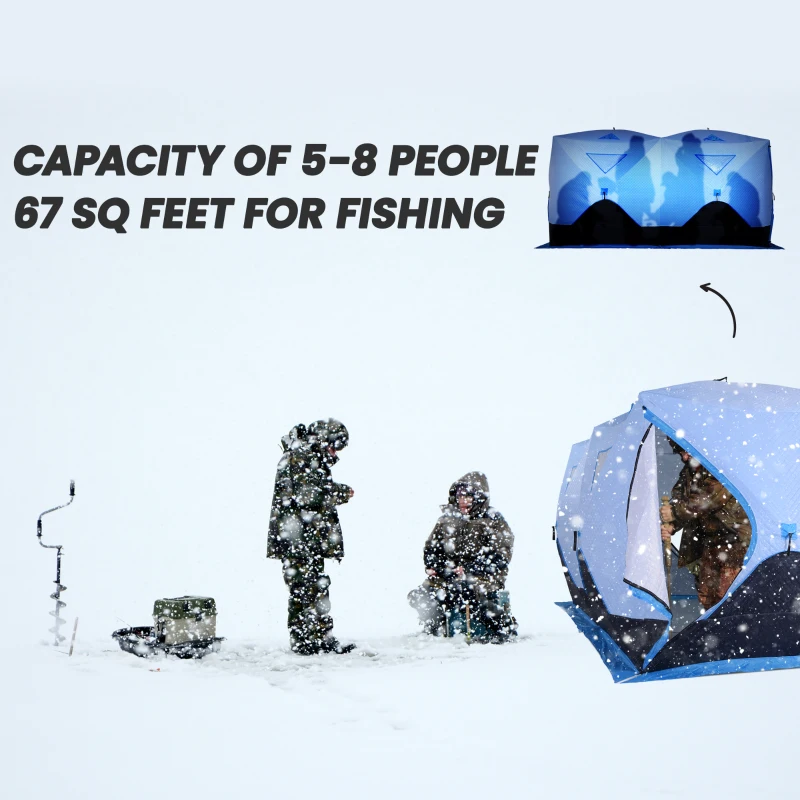 Outsunny 5-8 Person Ice Fishing Shelter, Pop-up Ice Fishing Tent, Ice Shanty, Portable and Insulated, with 2 Doors and Carrying Bag, Light Blue