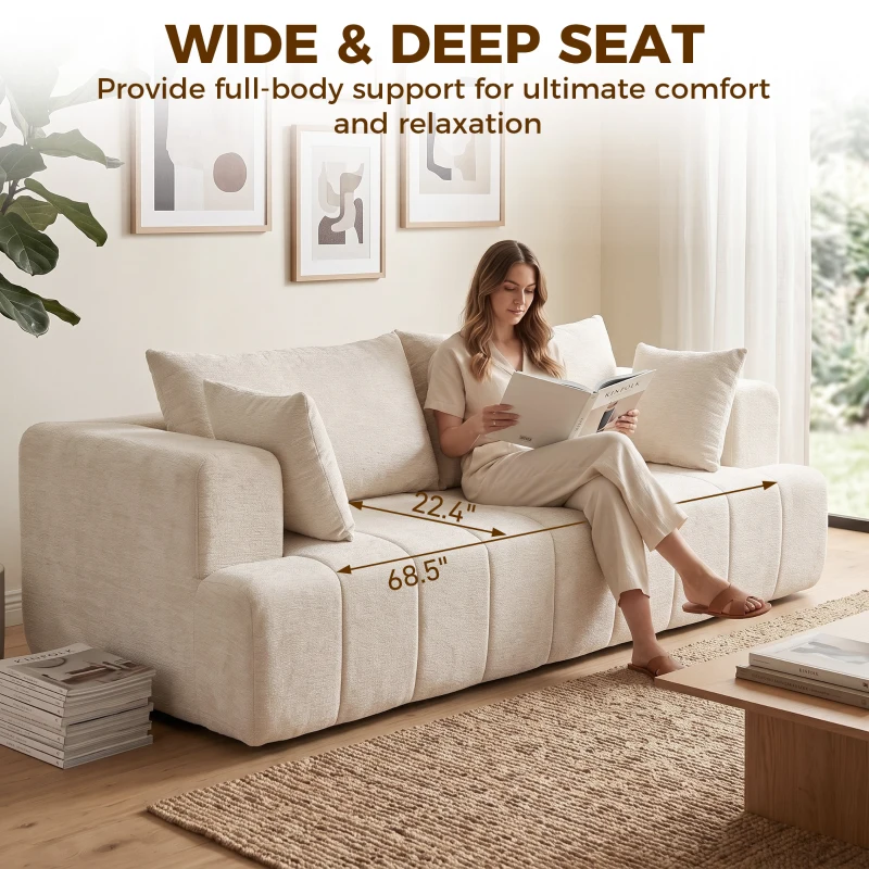 HOMCOM 3 Seater Sofa, Chenille Boneless Cloud Couch with Thick Spring Cushion, Wide and Deep Seat, Wide Armrests, Beige