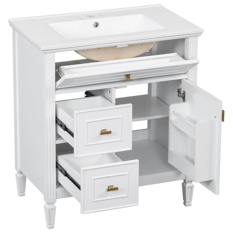 Spacious Vanity with Tip-Out Top Drawer and 2 Left-Side Drawers, Ideal Cabinet for Small-To-Medium Bathrooms, 30" L x 18.5" W x 33.5" H, White