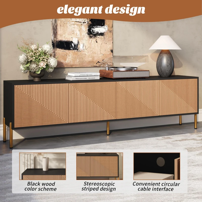 Modern TV Cabinet with Spacious Fully Enclosed Media Storage, Handle-Free 4-Door TV Stand with Slim Metal Legs, 70.5'' L x 14'' W x 21'' H, Black
