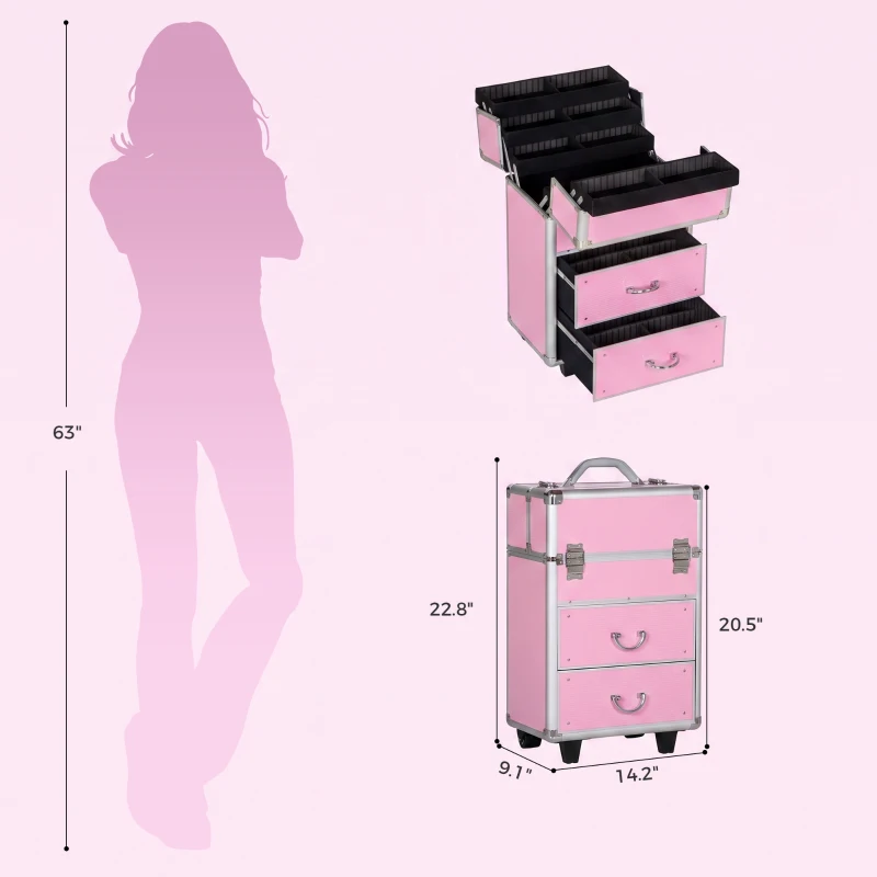 HOMCOM Rolling Makeup Storage Case w/ Swivel Wheel, Pink