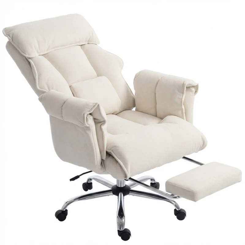 HOMCOM Desk Chair, Computer Office Chair with Footrest, Adjustable Backrest and Headrest, Cream White