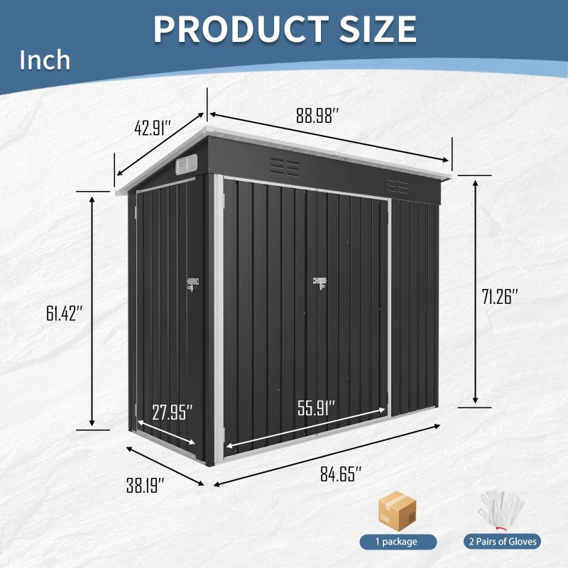 Galvanized Steel Outdoor Storage Shed with Ventilated Top Vents, Weatherproof Utility Shed with 3 Access Doors, 89'' L x 43'' W x 71'' H, Black