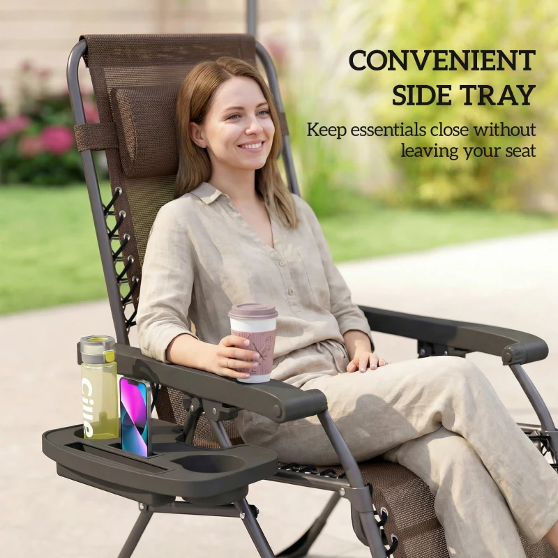 Outsunny Zero Gravity Chair Set of 2, Folding Reclining Outdoor Lounge Chair with Cup Holder, Headrest, Brown