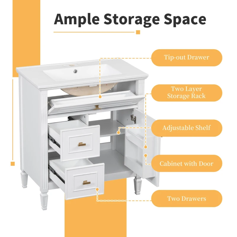 Spacious Vanity with Tip-Out Top Drawer and 2 Left-Side Drawers, Ideal Cabinet for Small-To-Medium Bathrooms, 30" L x 18.5" W x 33.5" H, White