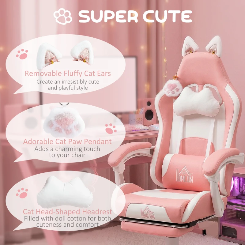 HOMCOM Cute Racing Gamer Chair, Faux Leather Gaming Chair with Footrest, Headrest and Lumbar Support, Pink