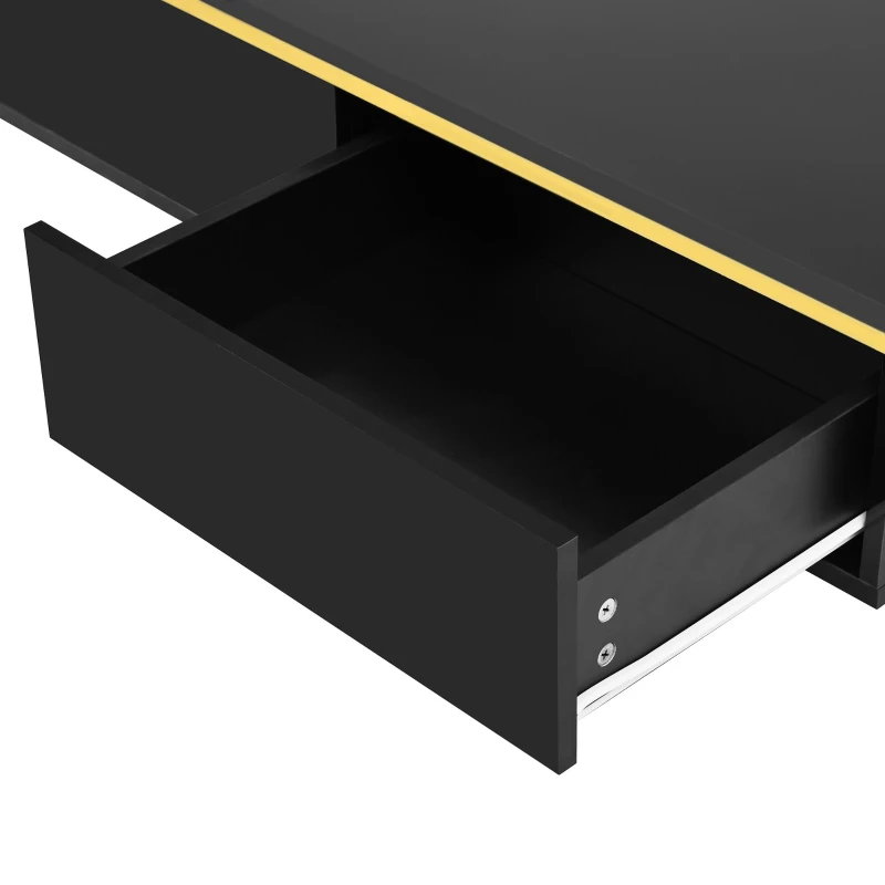 Modern High-Gloss Coffee Table with Hidden Dual Drawers, Stain-Resistant Center Table with Metal Legs, 39.5'' L x 19.5'' W x 14'' H, Black