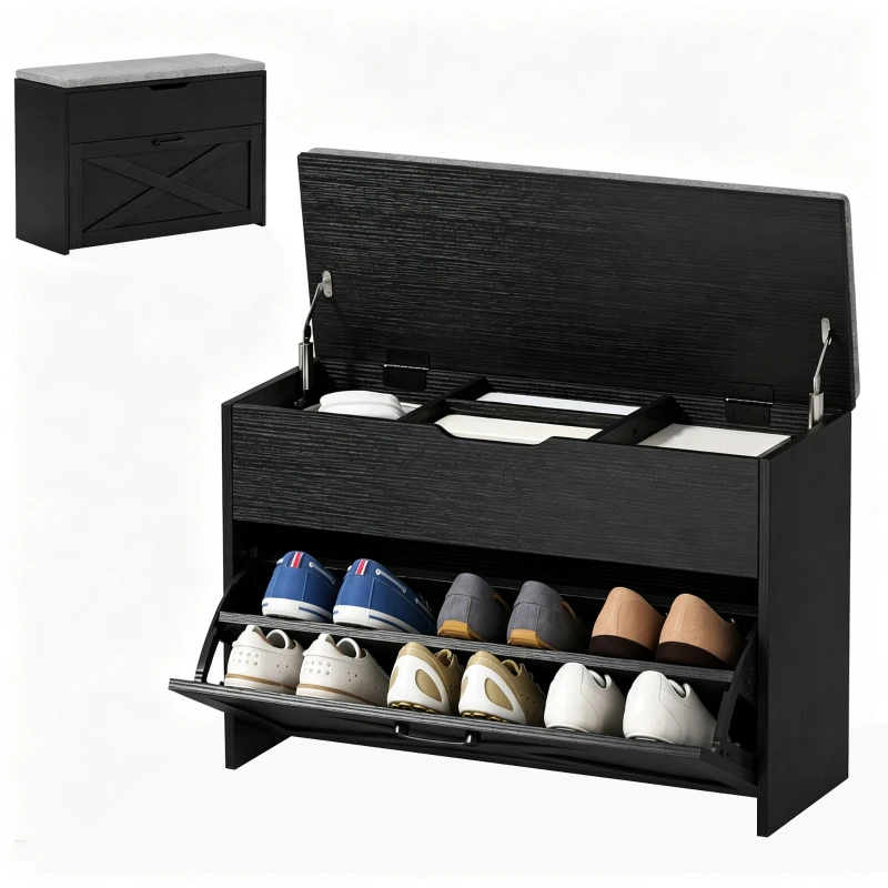 HOMCOM Shoe Storage Bench with Flip Drawer and Lift Top Storage, Entryway Bench with Seat Cushion for Hallway, Black